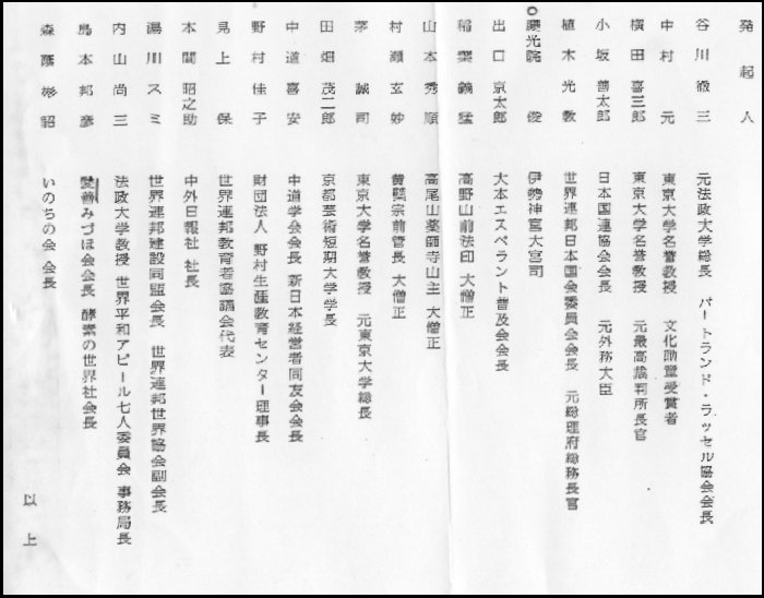 世界連邦建設同盟理事長・日高一輝を励ます会の発起人一覧