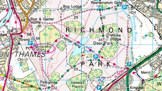 バートランド・ラッセルの祖父母の邸宅の Pembroke Lodege があった Richmond Park の地図